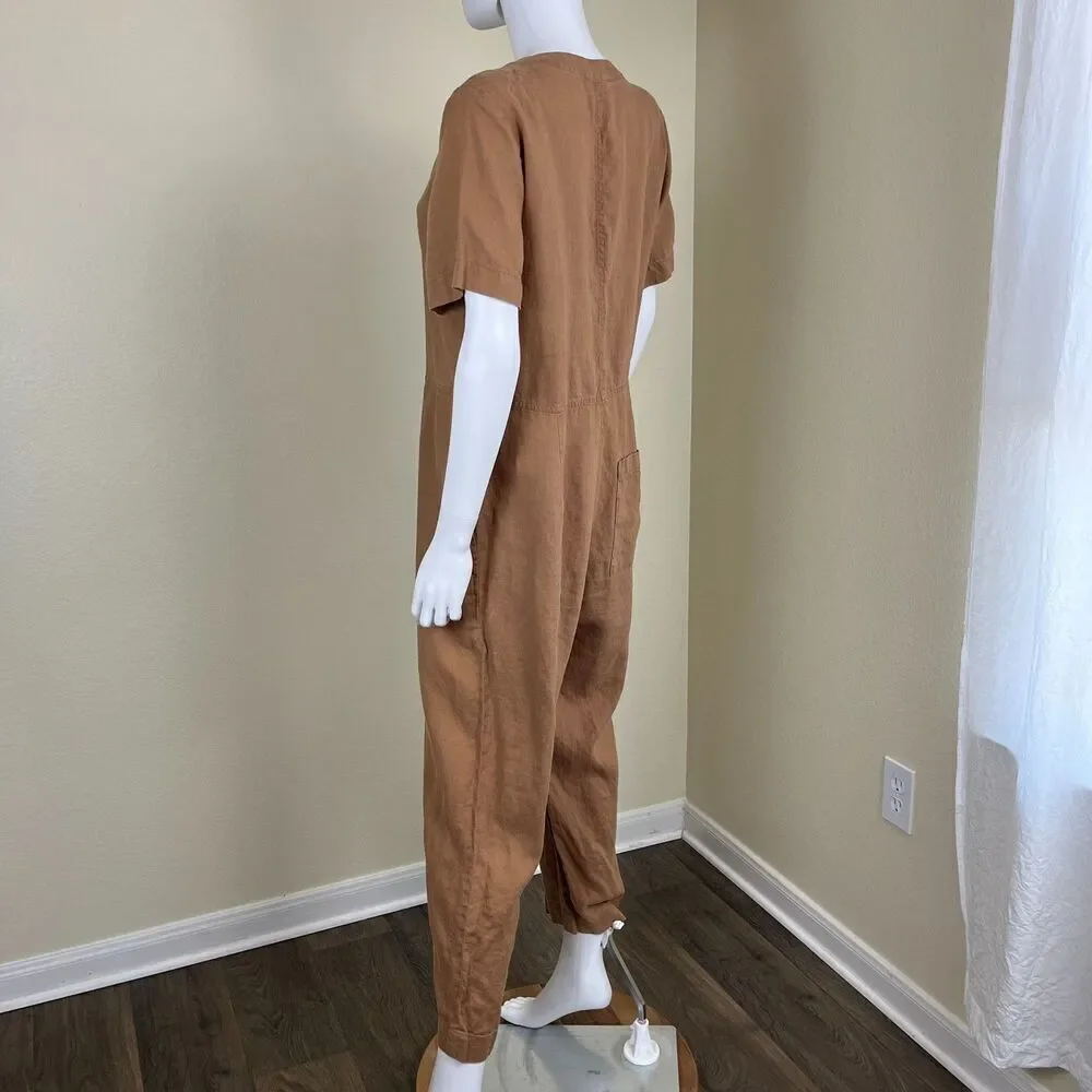 Everlane Women's Size 8 Camel Linen Straight Leg Cropped Jumpsuit Causal Minimal